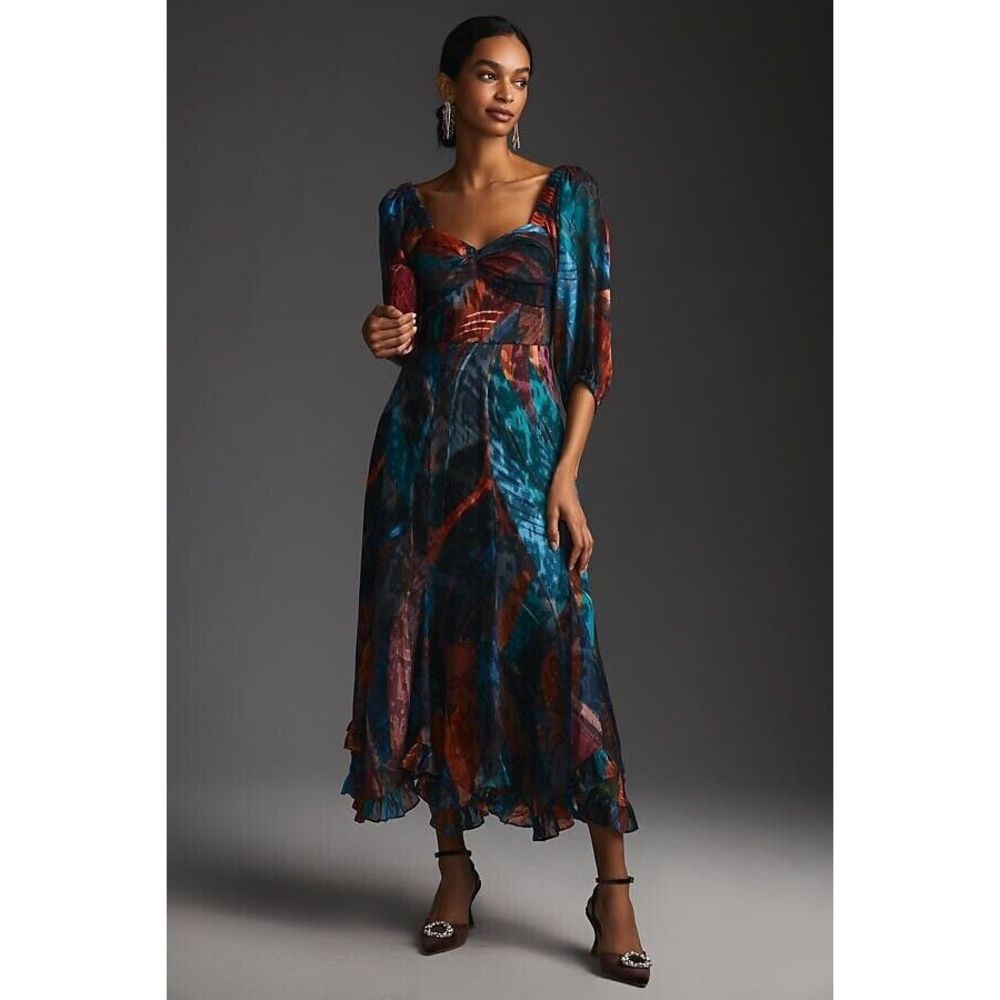 Anthropologie Hutch Puff-Sleeve Midi Dress 20W plus royal color ruffle EDGE new